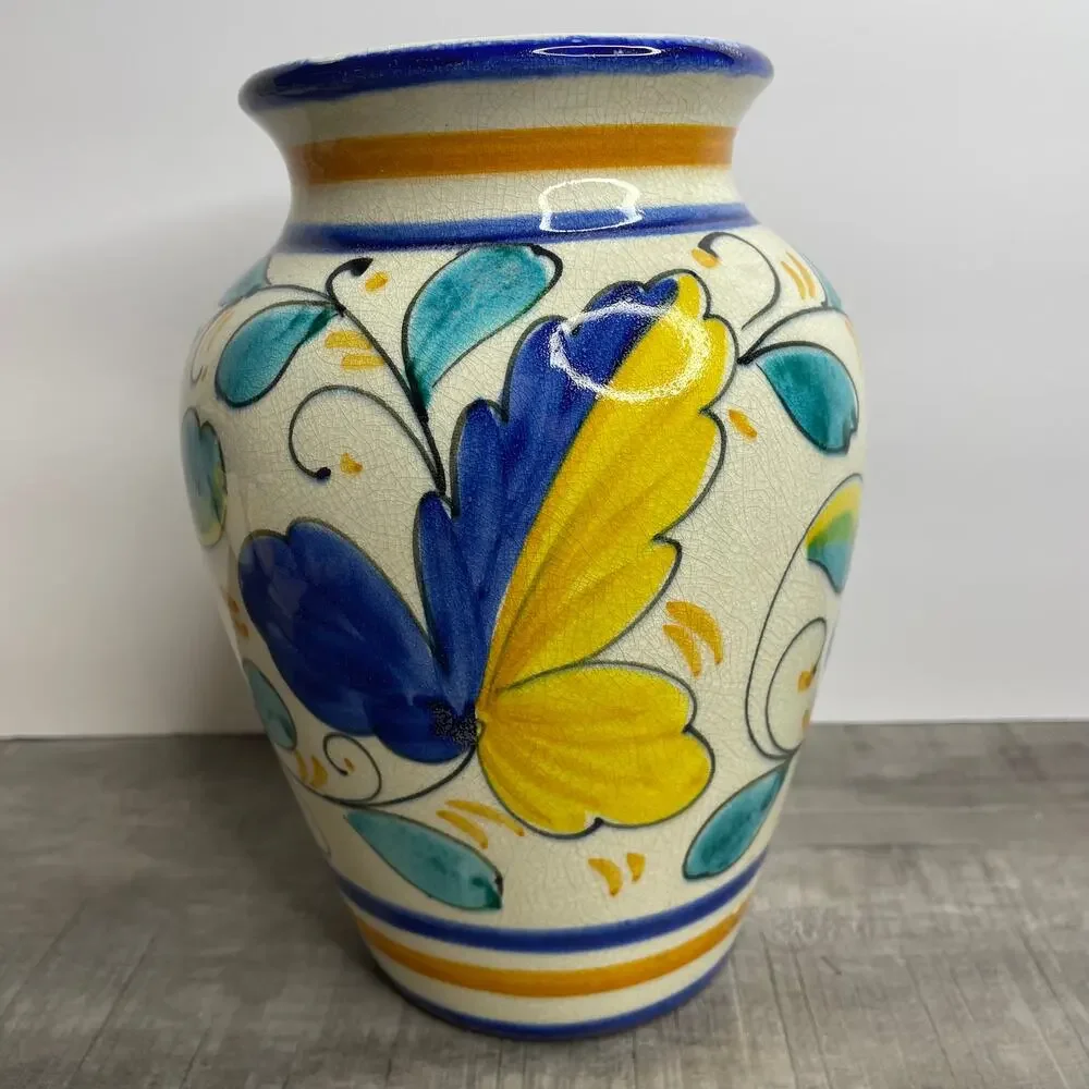 Vintage PIER ONE Italy Blue Yellow Floral Ceramic Crackle Glaze Vase 8 inch